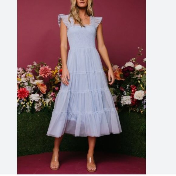 Baltic Born Dress Emma Smocked Tulle Midi Light Blue Sz XL Party Wedding - Picture 1 of 15